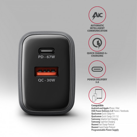 AXAGON Wall charger 67W, USB-A + USB-C, PD3.0/PPS/QC4+/SF | ACU-PQ67D