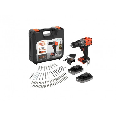 BLACK & DECKER 18V Impact Drill (with 2 x 18V 2.0Ah batteries with charge status indicator, 1A charger and 80 accessories) | BCD