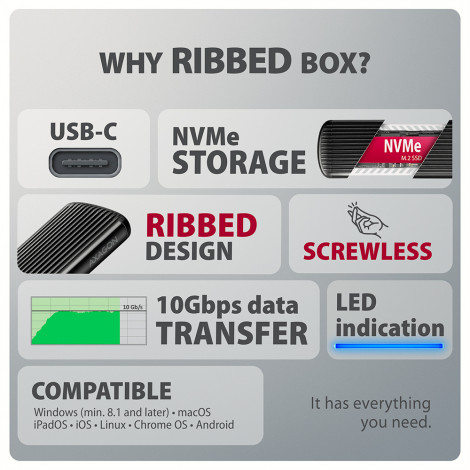 AXAGON USB-C 10Gbps M.2 NVMe SSD Enclosure, Screwless, RIBBED Aluminum | EEM2-SC