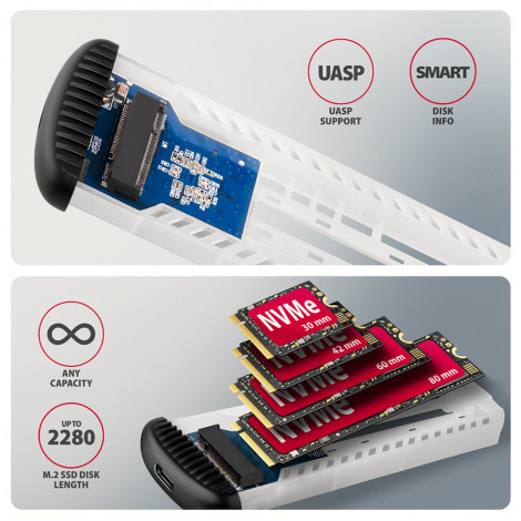AXAGON USB-C 10Gbps M.2 NVMe SSD Enclosure, Screwless, RIBBED Aluminum | EEM2-SC