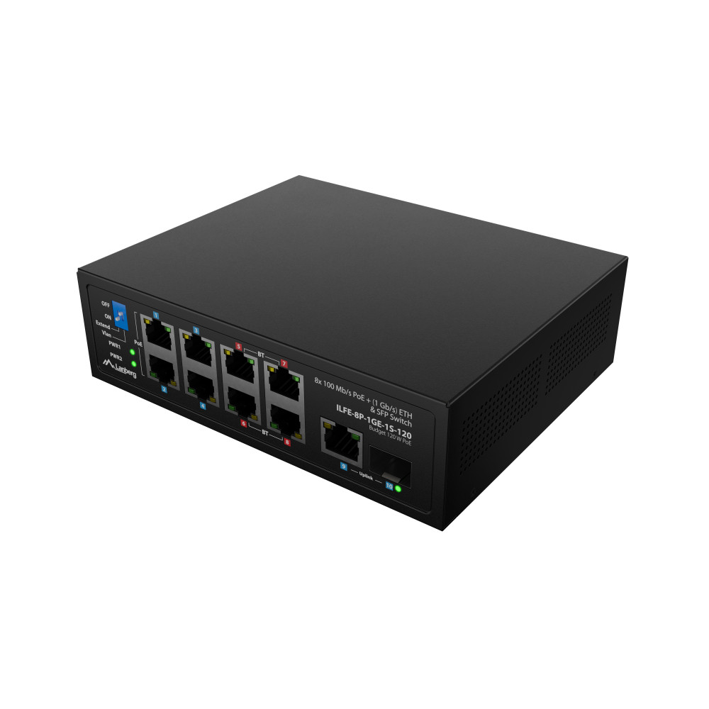 Lanberg Switch PoE 4xBT 4xAT SFP/ETH Din Unmanagment Fast Ethernet | ILFE-8P-1GE-1S-120 | Unmanaged | Din rail, Rack