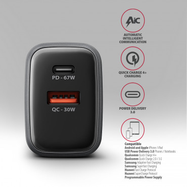 AXAGON Wall charger 67W, 2x port (USB-A + USB-C) PD3.0/PPS/QC4+/SFC 2.0/Apple | ACU-PQ67