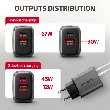 AXAGON Wall charger 67W, 2x port (USB-A + USB-C) PD3.0/PPS/QC4+/SFC 2.0/Apple | ACU-PQ67