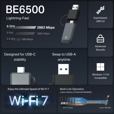 TP-LINK BE6500 Tri-Band Wi-Fi 7 Mini Wireless USB Adapter | Archer TBE400U | 2.4 GHz, 5 GHz, 6 GHz | 802.11ax | MU-MiMO No | no 