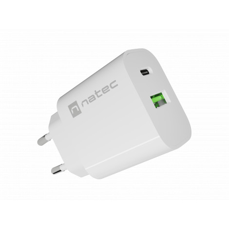 Natec Ribera USB Charger 1X USB-A + 1X USB-C 20W, White