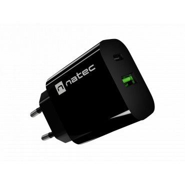 Natec Ribera USB Charger 1X USB-A + 1X USB-C 20W, Black