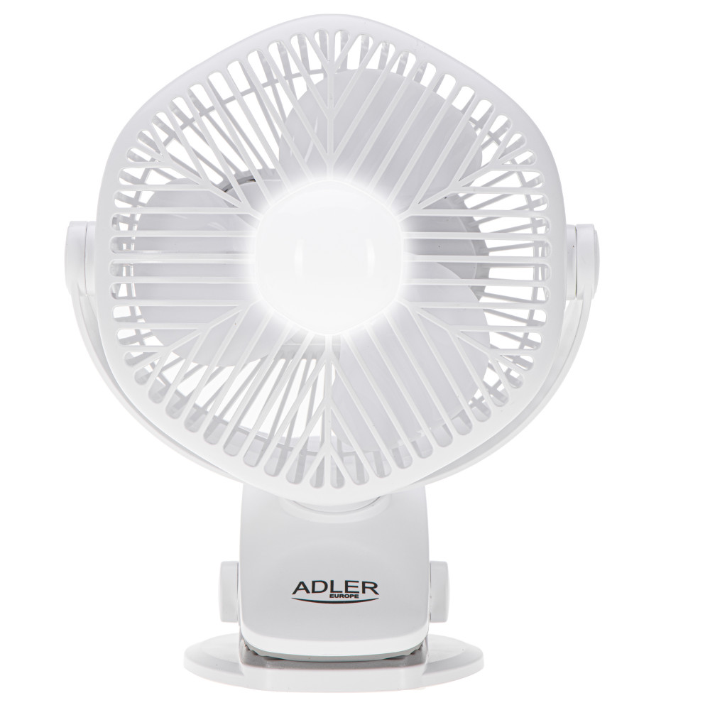 Adler Rechargeable fan with clip | AD 7335 | Table Fan | 6 W | Diameter 12.7 cm | Number of speeds 3 | Oscillation | White
