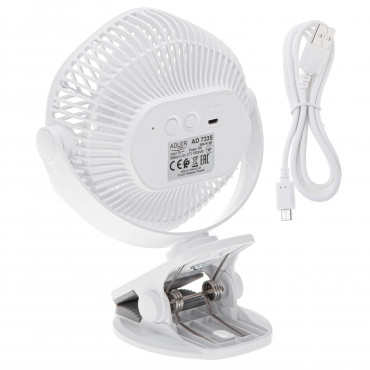 Adler Rechargeable fan with clip | AD 7335 | Table Fan | 6 W | Diameter 12.7 cm | Number of speeds 3 | Oscillation | White