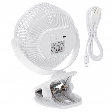 Adler Rechargeable fan with clip | AD 7335 | Table Fan | 6 W | Diameter 12.7 cm | Number of speeds 3 | Oscillation | White