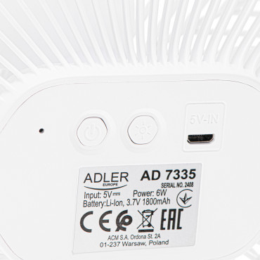 Adler Rechargeable fan with clip | AD 7335 | Table Fan | 6 W | Diameter 12.7 cm | Number of speeds 3 | Oscillation | White