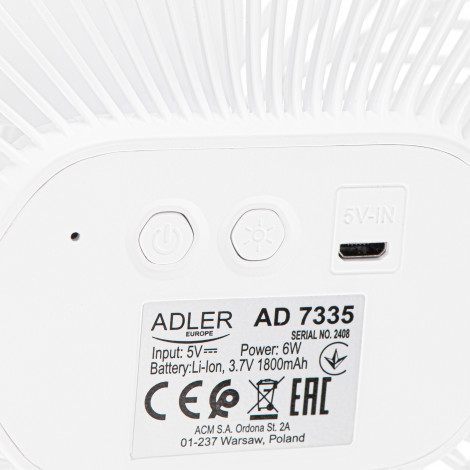 Adler Rechargeable fan with clip | AD 7335 | Table Fan | 6 W | Diameter 12.7 cm | Number of speeds 3 | Oscillation | White