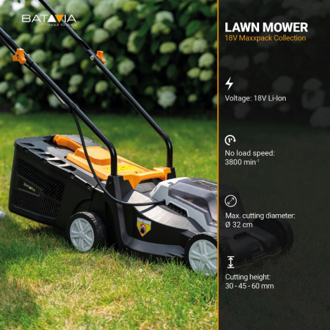 Batavia B.V. 18V Cordless Lawn Mower, 32 cm, Without battery and charger | Mowing Area 200 m