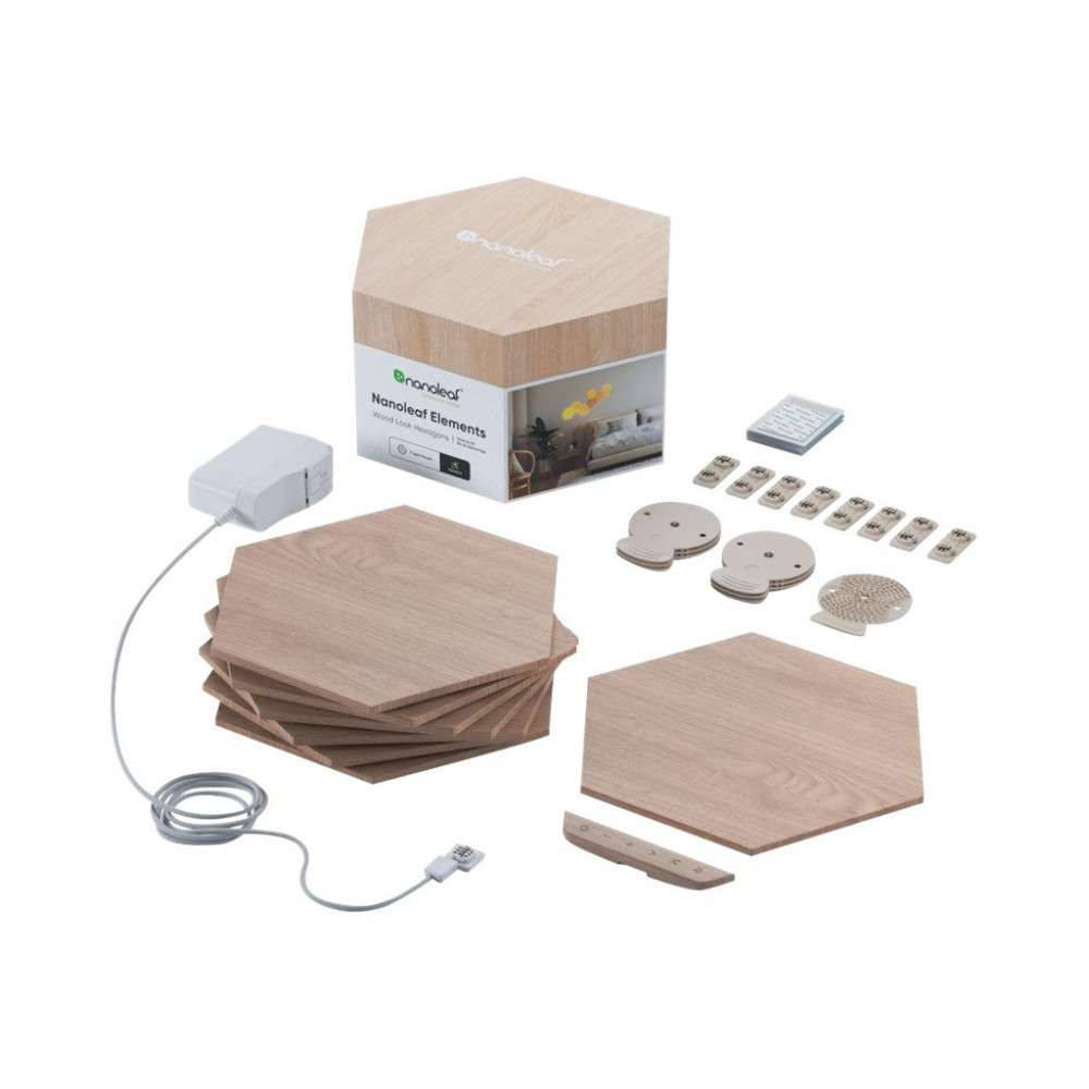 Nanoleaf | Elements Wood Look Hexagons Starter Kit (7 panels) | Cool White + Warm White