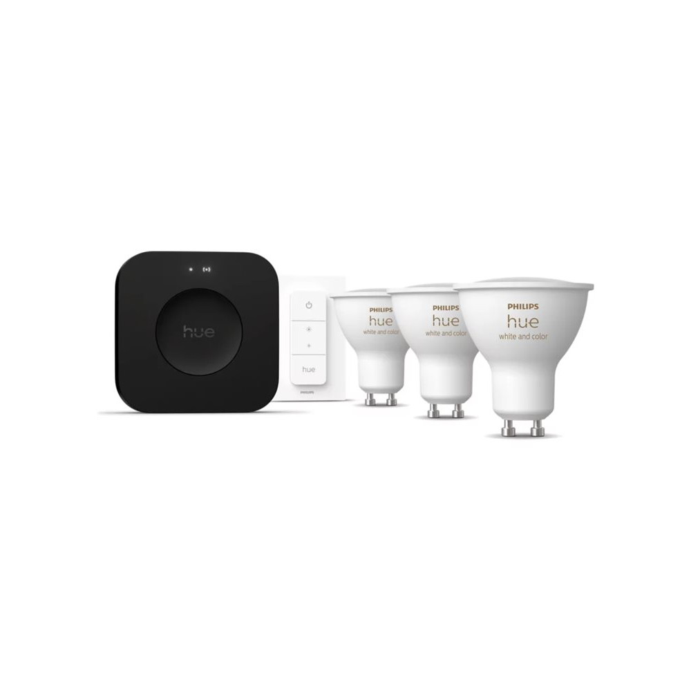 Philips Hue Starter set: 3 GU10 bulbs, dimmer switch, Hue Bridge Pro | GU10 | Zigbee, Wi-Fi, Bluetooth