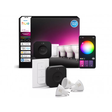 Philips Hue Starter set: 3 GU10 bulbs, dimmer switch, Hue Bridge Pro | GU10 | Zigbee, Wi-Fi, Bluetooth