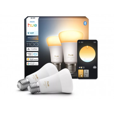 Philips Hue WA 1100 A60 2P EU | E27 | 8.1 W | Warm to cool white light | Bluetooth and Zigbee