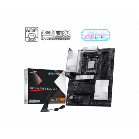 MSI PRO X870E-S EVO WIFI | Processor family AMD | Processor socket AM5 | DDR5 | Supported hard disk drive interfaces SATA, M.2 |