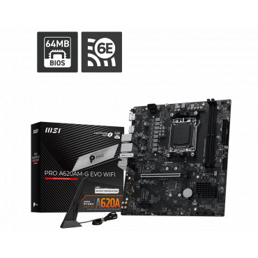MSI PRO A620AM-G EVO WIFI | Processor family AMD | Processor socket AM5 | DDR5 | Number of SATA connectors 4 | Supported hard di