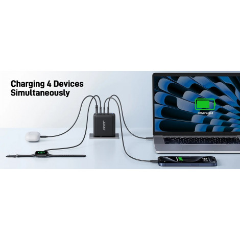 Acer 100W PD GaN Charger, 3 x USB C and 1 x USB A, EU Plug, 100W USB-C cable, Black, Retail Pack