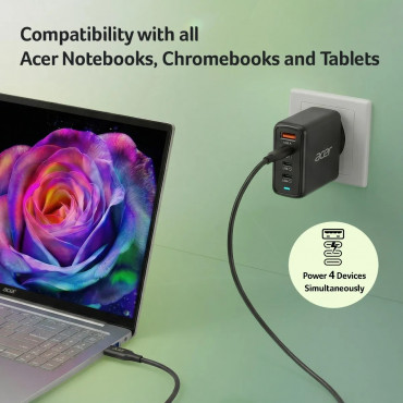 Acer 100W PD GaN Charger, 3 x USB C and 1 x USB A, EU Plug, 100W USB-C cable, Black, Retail Pack