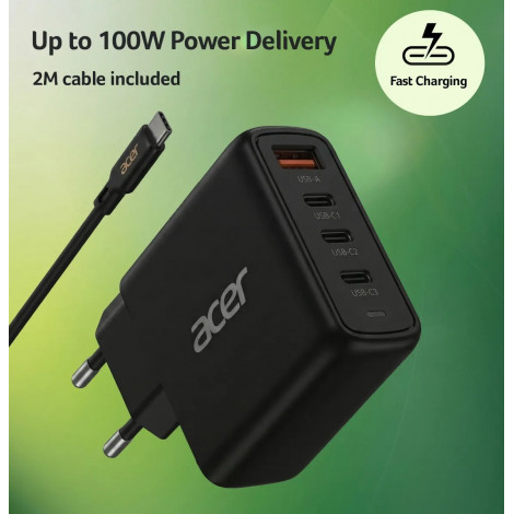 Acer 100W PD GaN Charger, 3 x USB C and 1 x USB A, EU Plug, 100W USB-C cable, Black, Retail Pack