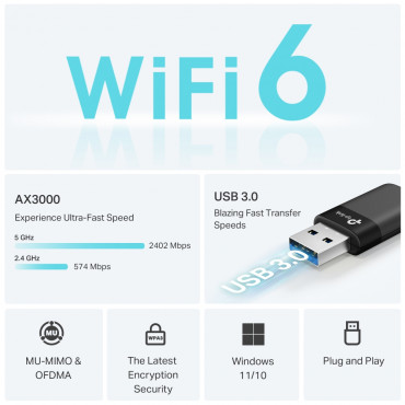 TP-LINK AX3000 Dual Band Wi-Fi 6 Wireless USB Adapter | Archer TX50U | 2.4 GHz, 5 GHz | 802.11ax | MU-MiMO No | no PoE | Antenna