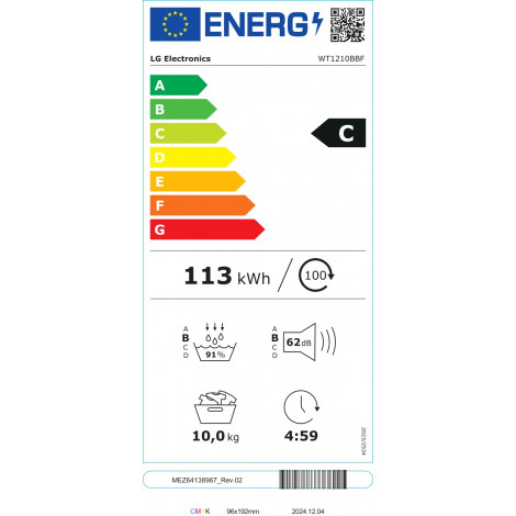 LG | Washing machine with dryer | WT1210BBF | Energy efficiency class A/C | Front loading | Washing capacity 12 kg | 1400 RPM | 