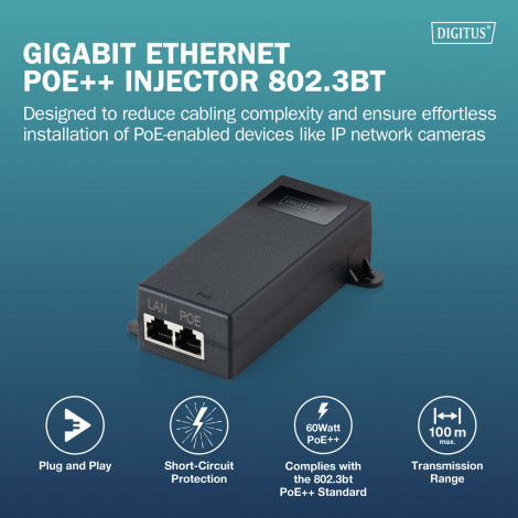 Digitus Gigabit Ethernet PoE++ injector, 802.3bt | DN-95104-1