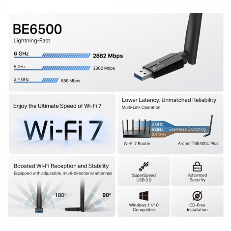 TP-LINK BE6500 Tri-Band Wi-Fi 7 High Gain Wireless USB Adapter | Archer TBE400U Plus | 2.4 GHz, 5 GHz, 6 GHz | 802.11ax | MU-MiM