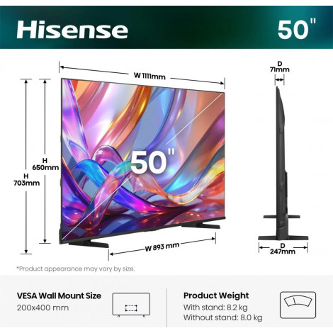 Hisense TV | 50E7S | 50" | Smart TV | VIDAA OS | UHD | Black