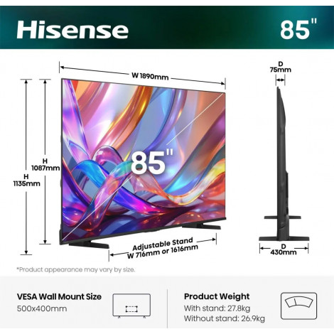 Hisense TV | 85E7S | 85" | Smart TV | VIDAA OS | UHD | Black
