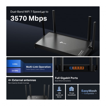 TP-LINK Archer BE220 | BE3600 Dual-Band Wi-Fi 7 Router | 802.11be | Ethernet LAN (RJ-45) ports 4 | 10/100/1000 Mbit/s | Mesh Sup