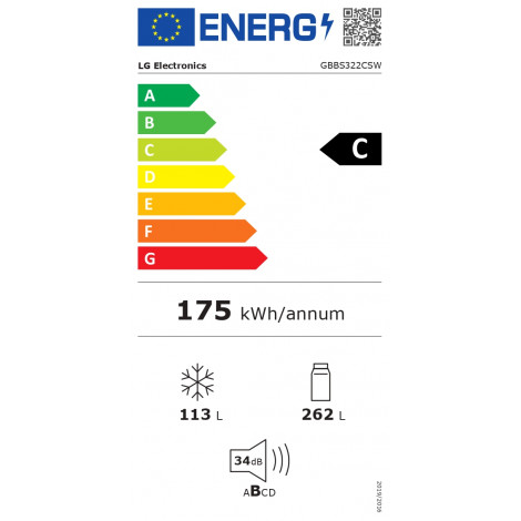 LG Refrigerator | GBBS322CSW | Energy efficiency class C | Free standing | Combi | Height 203 cm | Fridge net capacity 262 L | F