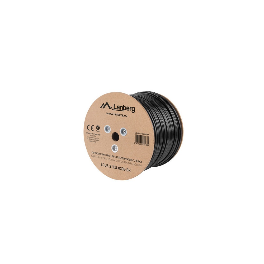 Lanberg Cable Cat.5E UTP 305M Solid Outdoor CU Black Fluke Passed | LCU5-21CU-0305-BK