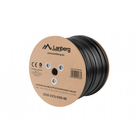 Lanberg Cable Cat.5E UTP 305M Solid Outdoor CU Black Fluke Passed | LCU5-21CU-0305-BK