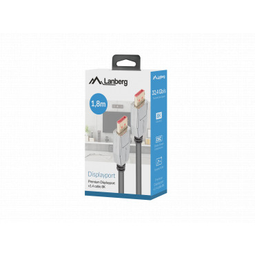 Lanberg DisplayPort M/M Cable 20 PIN V1.4 8K 60HZ | CA-DPDP-20CU-0018-BK | DisplayPort to DisplayPort | 1.8 m