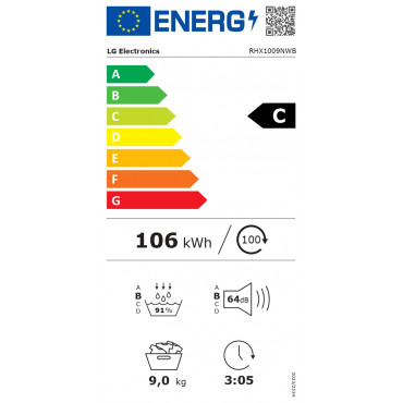 LG Dryer Machine | RHX1009NWB | Energy efficiency class C | Front loading | 9 kg | LED | Heat pump | Depth 66 cm | Wi-Fi | White