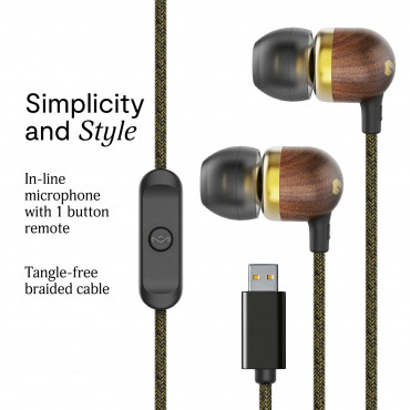 Marley Wired Earbuds | Smile Jamaica | Built-in microphone | USB Type-C | Brass