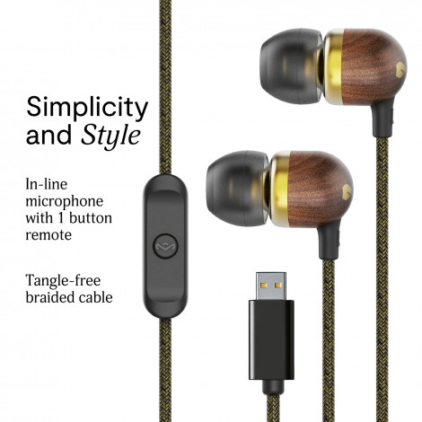 Marley Wired Earbuds | Smile Jamaica | Built-in microphone | USB Type-C | Brass