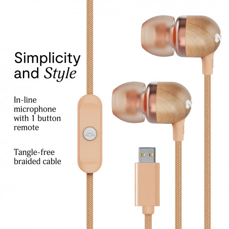 Marley Wired Earbuds | Smile Jamaica | Built-in microphone | USB Type-C | Copper