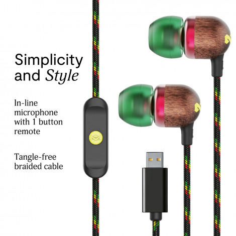 Marley Wired Earbuds | Smile Jamaica | Built-in microphone | USB Type-C | Rasta
