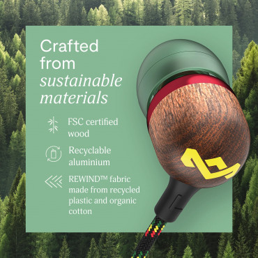 Marley Wired Earbuds | Smile Jamaica | Built-in microphone | USB Type-C | Rasta