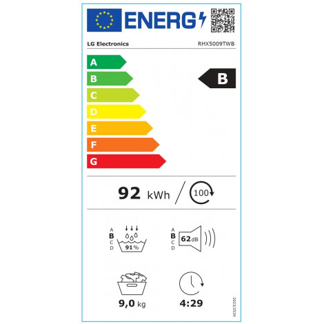LG Dryer Machine with Heat Pump | RHX5009TWB | Energy efficiency class B | Front loading | 9 kg | LED | Depth 66 cm | Wi-Fi | Wh