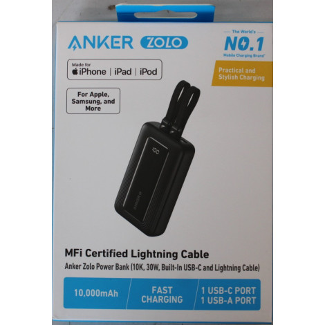 SALE OUT. | Anker Power Bank | A1680G11 | 10000 mAh | USB-C 30W, Lightning 27W | Built-In USB-C and Lightning Cables | Black | D