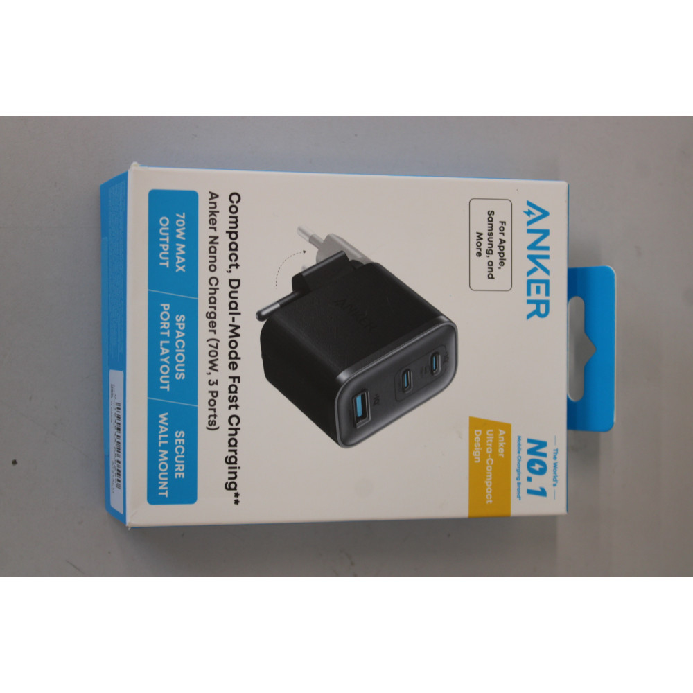 SALE OUT. Anker Nano Charger 70W, 3 ports, Black | Anker Nano Charger 70W, 3 ports, Black | 2 x 24 pin USB-C, 4 pin USB Type A |