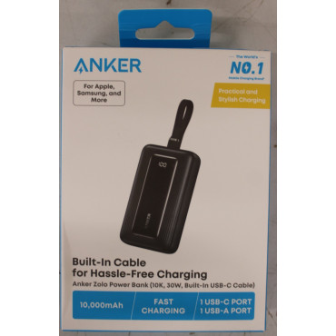 Anker Power Bank with Built-In USB-C Cable | A1688H11 | 10000 mAh | Black | DAMAGED PACKAGING