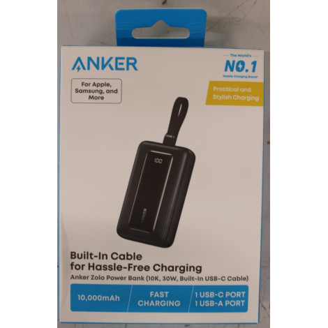 Anker Power Bank with Built-In USB-C Cable | A1688H11 | 10000 mAh | Black | DAMAGED PACKAGING