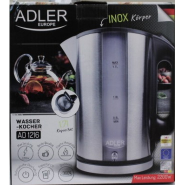 SALE OUT. Adler AD 1216 Cordless Water Kettle, 1.7L, 2000W, Filter, Boil-dry protection, Rotary base 360 degree, Illumination, I