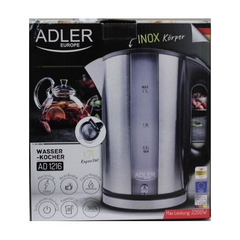 SALE OUT. Adler AD 1216 Cordless Water Kettle, 1.7L, 2000W, Filter, Boil-dry protection, Rotary base 360 degree, Illumination, I