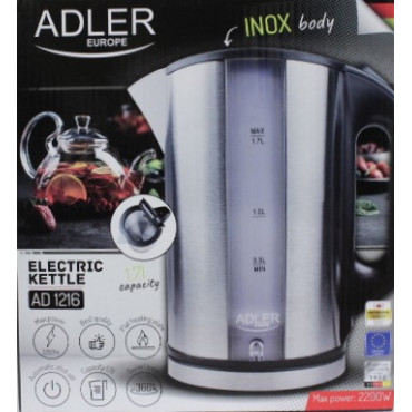 SALE OUT. Adler AD 1216 Cordless Water Kettle, 1.7L, 2000W, Filter, Boil-dry protection, Rotary base 360 degree, Illumination, I